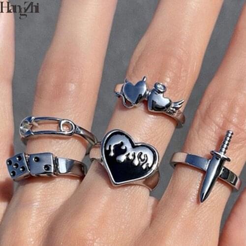 HangZhi 2021 New Hip Hop Heart Vintage Minimalist Silver Color Punk Geometry Saint Sinner Ring for Women Men Couple Ring Jewelry