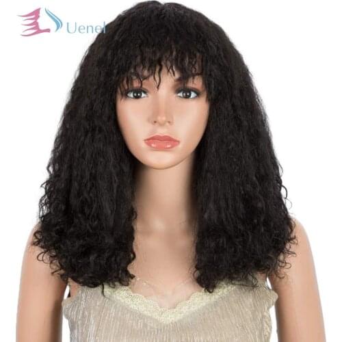 Uenel 14" Medium Length Wig With Bangs Small Curly Human-Like Hair Wigs Heat Resistant Synthetic Wig for Women Natural Black