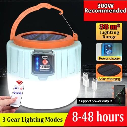 Portable Solar LED Camping Light 300W USB Rechargeable Bulb For Outdoor Tent Lamp Remote Control Lanterns Emergency Lights BBQ