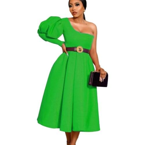 Womens Big Size Single Shoulder Long Sleeve Dress Sexy Shoulder Bubble Sleeve Oblique Shoulder Dress Without Belt New Fashion