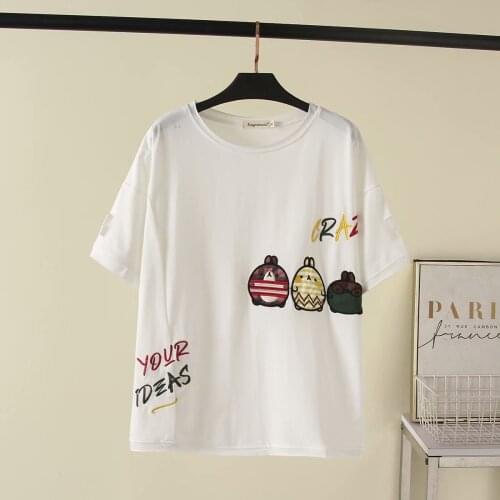 Plus size Cotton Cloth patch embroidery O neck women tshirts 2021 summer loose ladies t shirts female tops Short sleeve t-shirts