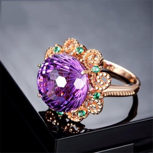 Luxury Female Purple Round Crystal Ring Dainty Rose Gold Hollow Wedding Rings For Women Vintage Bridal Flower Engagement Ring