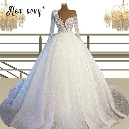 Sexy V-neck Appliques Tulle Wedding Dress 2021 Long Sleeve Illusion Backless Dubai Princess Boho Bride Lace Wedding Gowns