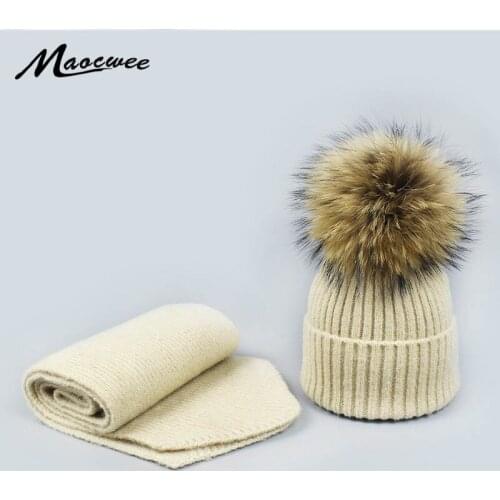 Real Fur Hat Knitted Real Big Raccoon Pom Pom Hat Women Child Winter Wool Hat Unisex Kids Warm Chunky Thick Stretchy Knit New