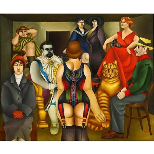 Modern handmade abstract painting Family meeting and cat on oil canvas for home decor and wallpaper, gallery