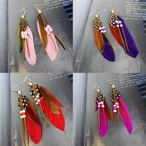 Tassel Dangling Earrings Colorful Feather Leather Beads Earrings Indian Feathers Summer Womens Fashion Jewelry 1 pair