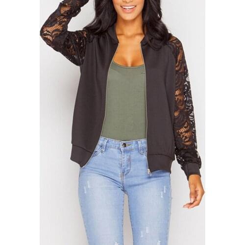 Womens Zipper Long Sleeve Basic Jacket female Coat Outwear Autumn Casual Jackets Ladies Lace Patchwork Coat