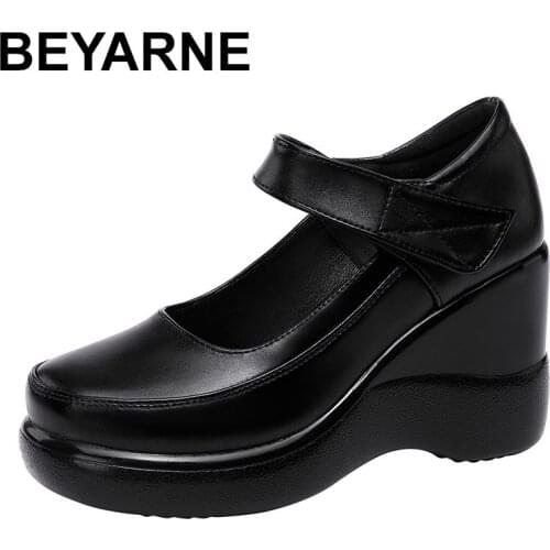 BEYARNE 2020 spring leather women platform shoes high heels round toes ankle strap black women pumps big size 33-43
