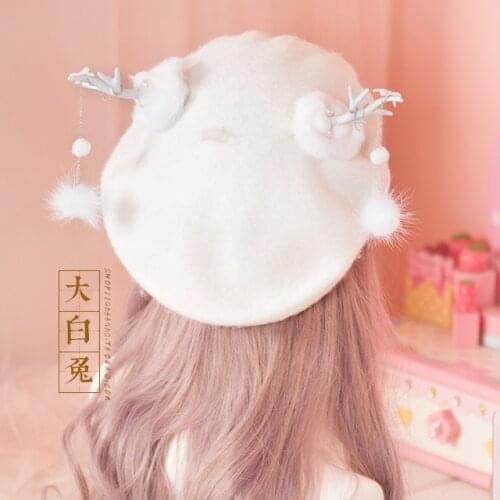 Japanese Handmade Lolita Autumn Winter Beret Women Sweet Cute Antlers Rabbit Fur Ball Wool Painter Hat Teen Girl Dome Hat