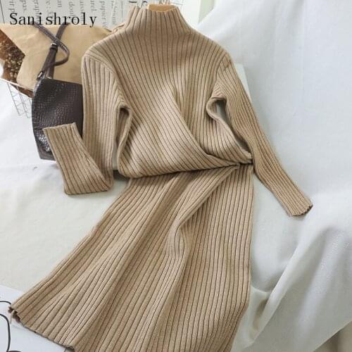 Sanishroly Autumn Winter Women Long Knitted Dress Turtleneck Sweater Dresses Female Long Sleeve Bottoming Dress Vestidos CD054
