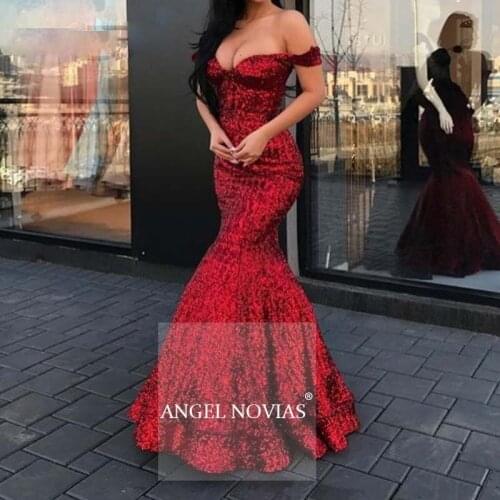 ANGEL NOVIAS Long Sexy Sequin Mermaid Red Burgundy Arabic Dubai Evening Dress 2020 abendkleider lang luxus robe longue
