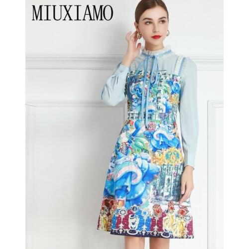MIUXIMAO 2021 Spring Summer Stand Collar Cartoon Printing Long Sleeve Ruffles Elegant Fashion Casual Dress Vestidos Women Bow