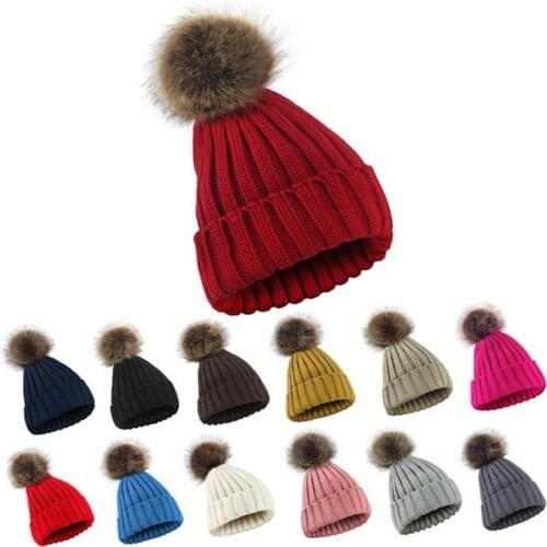 KENSHELLEY Winter Outdoor Ski Knitted Warm Hat Solid Color Vertical Stripes Rabbit Fur Pom Pom Beanie Hats For Woman