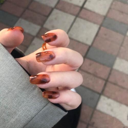24pcs stick on nails with design False fingernails stained with amber wearable full cover fake nail tips