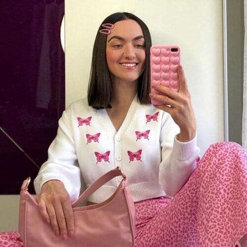 Y2k Butterfly Print White Cute Sweet Cropped Cardigan Casual Autumn Jumpers Pullover Top Korean Fashion Knitted Sweaters V Neck