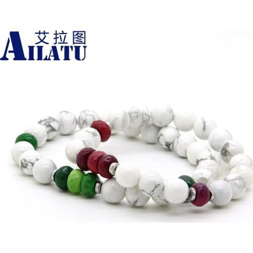 Ailatu Unisex Couples Distance Jewelry Natural 8mm White Howlite Marble & Stone Lucky Bracelet