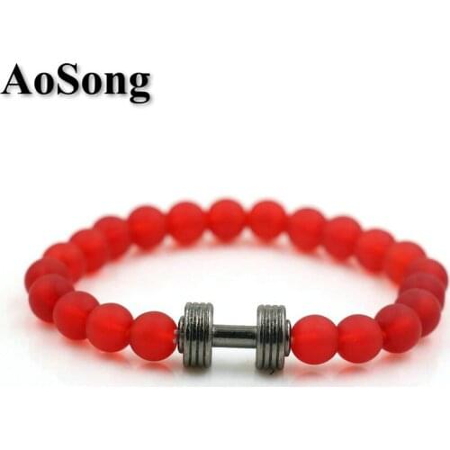 BPPCCR Red Matte Stone 8mm Onyx Gold-color Alloy Barbell Dumbbells Fitness Men Women Chakra Energy Lucky Bracelets Pulseira