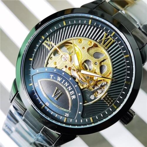 WINNER Mens Automatic Mechanical Watch Skeleton Business Black Stainless Steel Band Watches For Men Relogio Masculino Man Clock