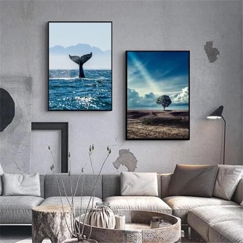 Whale Tail Decoration Blue Ocean Posters Desert Tree Canvas Painting Prints Modern Wall Art Picture Home Living Room Decals