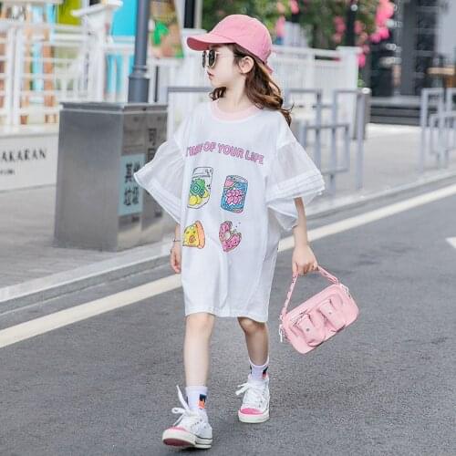 Flare Sleeve Kids Girls Shirt Dress 8 10 12 years 2020 Summer New Korean-Style Childrens Short-Sleeved Clothes Fashion