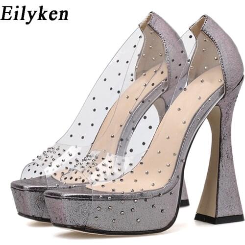Eilyken Clear Transparent PVC Rhinestone Platform Pumps Fashion Peep Toes Female Cover Heel Party Wedding Ladies Plus Size 35-41