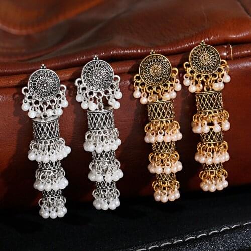 Ethnic Retro Womens Gold Earrings Bijoux Turkey Vintage Bohemia Pearl Beaded Tassel Earrings Ethnic Tribe Wedding Earrings
