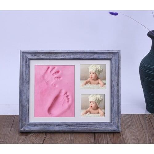 Fine Blue Wooden Photo Frame Baby Handprint Footprint Harmless Clay High Quality Mud Infant Growth Souvenir Gift Family Decor