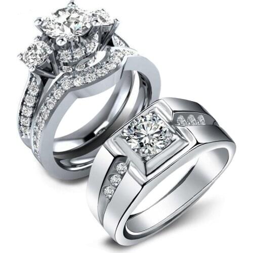 Couple Rings Wedding Bands Stainless Steel Silver Color Mens Ring Zircon Womens Ring Sets Gift Good Quality