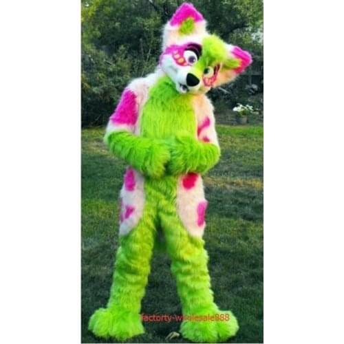 Halloween Long Fur Fox Green Husky Dog Mascot Costume Suit Cosplay Dress Adult Size Unisex Cartoon Character Mascot Costume