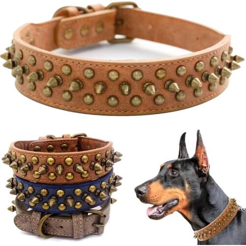 Leather Dog Collar For Large Dogs Bronze Spiked Studded Big Dog Chain Collars For Labrador Shepherd Mastiff Pitbull Bulldog