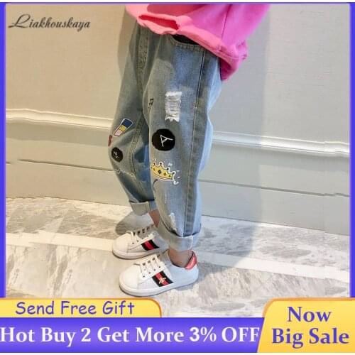 2019 New Jeans For Girls Korean Version Of Spring Autumn Keep Warm ChildrenS Jeans Slim trousers Cartoon doodle Leggings