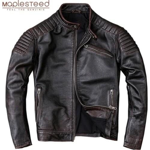 Vintage Men Leather Jacket Slim 100% Natural Cowhide Skin Jackets Motorcycle Coat Mens Biker Clothing Leather Coat Autumn M104
