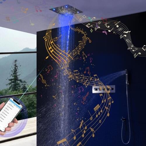 Bathroom Bluetooth Music Shower Set Ceiling Colorful LED Shower Rainfall Waterfall Shower Head Thermostatic Mixer Shower Faucets