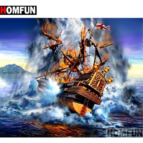 HOMFUN Full Square/Round Drill 5D DIY Diamond Painting "Ship fire" 3D Embroidery Cross Stitch 5D Home Decor A15048