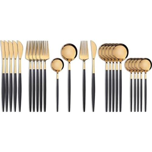 24Pcs 18/10 Stainless Steel Dinnerware Set Black Gold Cutlery Spoon Fork Knife Western Cutleri Silverware tableware Set Supplies