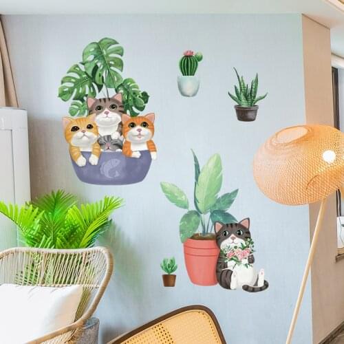 Nordic Potted Plants Wall Stickers Home Decor Bedroom Living Room Decoration Cartoon Cat Kids Room Self-adhesive PVC Wallpaper
