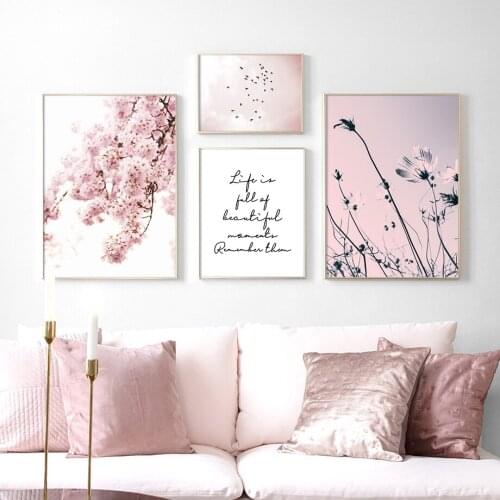 Pink Sakura Flower Picture Poster Nordic Landscape Bird Print Wall Art Canvas Painting Living Room Decoration