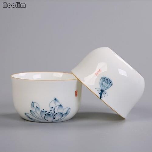 NOOLIM Ceramic Kung Fu Master Tea Cups White Porcelain Hand Painted Lotus Chinese Household Teacups Office Drinkware
