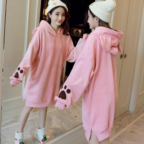 2019 autumn and winter new cute hooded loose plus velvet pregnant womens sweater in the long section of gold velvet sweater dress