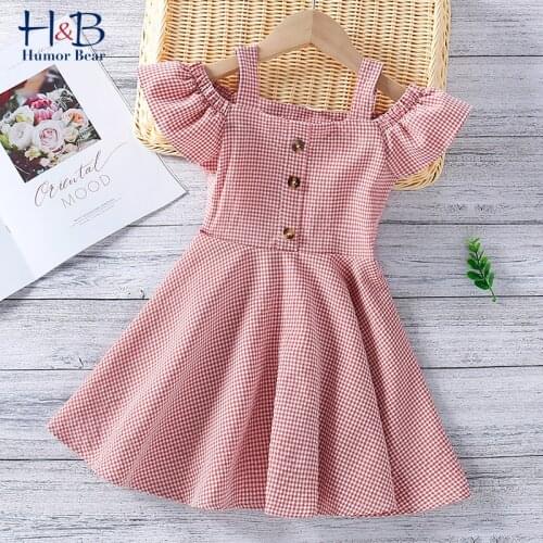 Humor Bear Girls Dress 2021 New Summer Off-Shoulder Casual Baby Kids Plaid Printed Childrens Clothes Party Dress