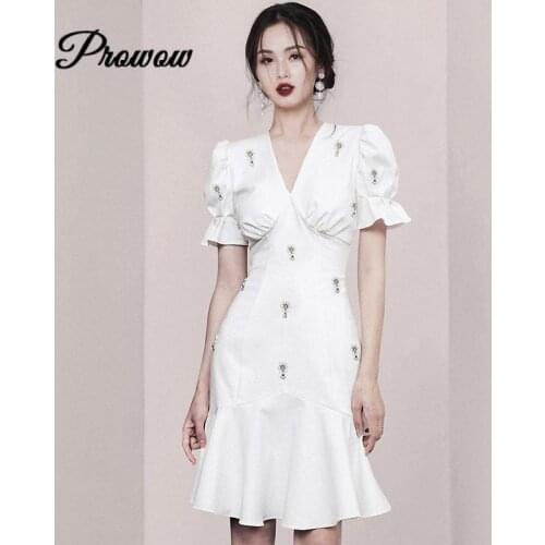 Vintage V-neck Sexy Ruffles Puff Sleeve Mini Mermaid Dress Luxury Beaded Elegant Black White Party Dress Summer Clothing