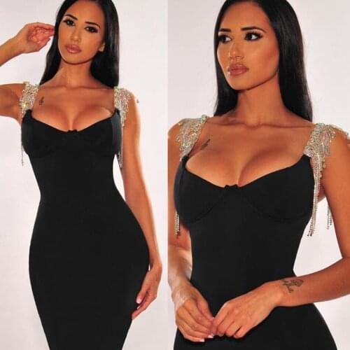 Spaghetti Strap Sexy Bandage Dress Summer Beading strap Elegant Sleeveless Knee-Length Dress Women Sheath Bodycon Vestidos