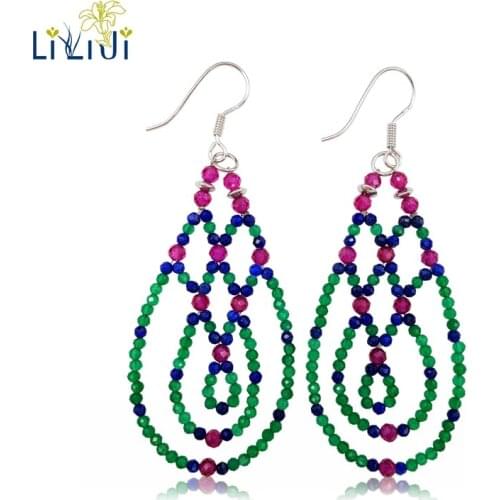 Lii Ji Lapis Lazuli Green Agate Natural Gemstone Earrings Lab-created Ruby 925 Sterling Silver Earrings Hook Statement Earrings