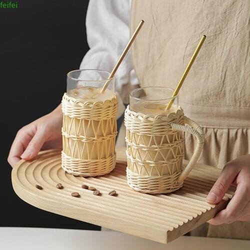 Rattan Glass Cup Protective Case Handle Japanese Style Handmade Home Glass Cups Natural Wicker Weave Water Cup Kitchen Supplies