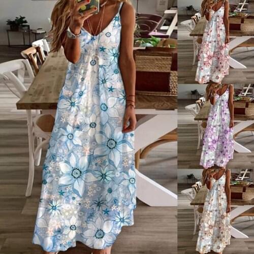 Loose Dress Sleeveless Long Type Polyester Floral Printed V-neck Women Dress for Party Maxi Dess Summer Beach Maxi Boho Dresses