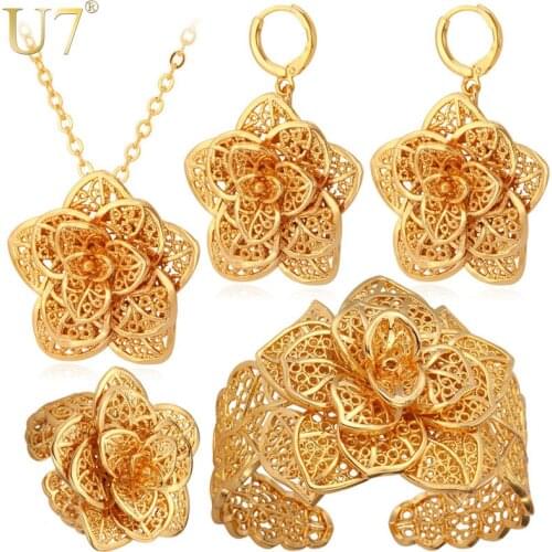 U7 Vintage Flower Jewelry Sets Gold Necklace Cuff Bracelet Drop Earrings & Ring Bridal Wedding Jewelry Set For Women Gift S56