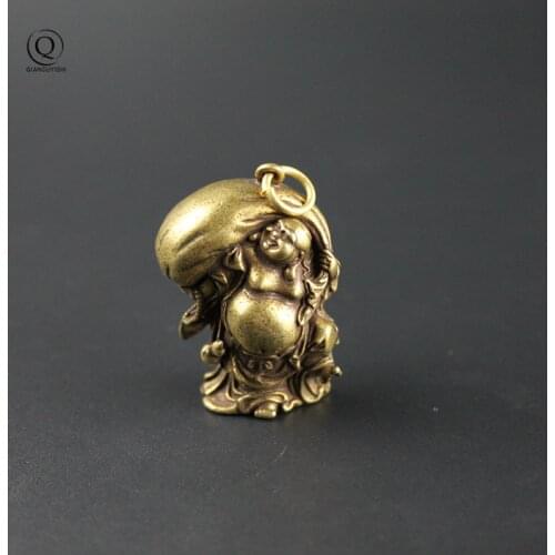 Vintage Brass Smiling Maitreya Buddha Figurines Keychain Pendant Jewelry Metal Copper Car Key Chain Ring Hanging DIY Accessories