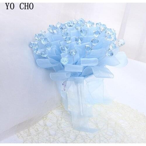 YO CHO Bride Wedding Bouquet Bridesmaid Rose Flower Lace Riband Acrylic Rhinestone Bouquets Home Party Prom Decor Wedding Supply
