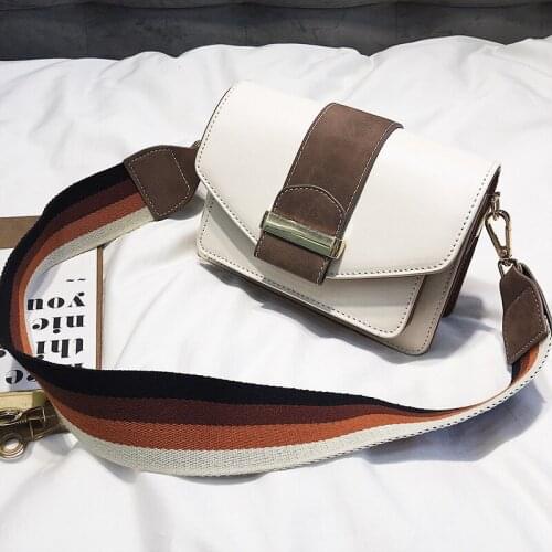 Womens Bag 2020New PU Leather Stripe Wide Shoulder Strap Color Matching Messenger Small Square Bag Contrast Simple Shoulder Bag