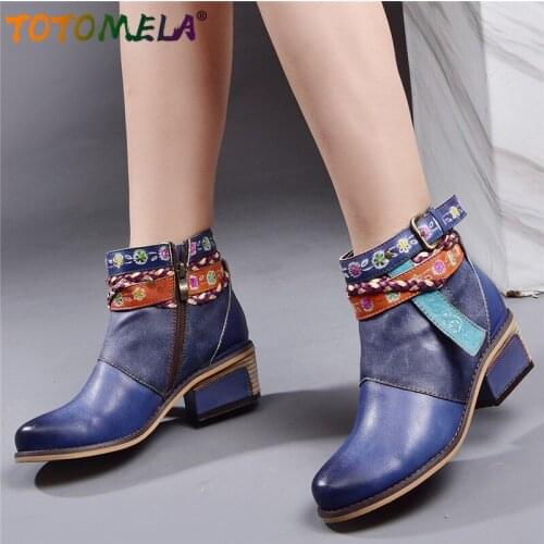 TOTOMELA 2020 New genuine leather boots women Hand-made square toe spring autumn boots vintage buckle ankle boots ladies shoes